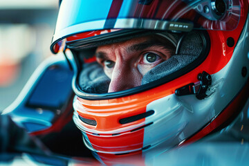 Fototapeta premium Close up of eyes of racer in helmet driving car