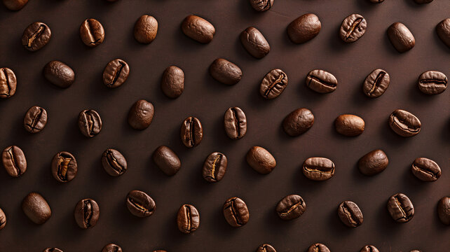 Minimalistic representation of coffee beans scattered on a brown background