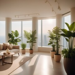 luxurious loft apartment window; minimalistic interior living room design; 3D Illustration