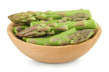 fresh asparagus in wooden bowl isolated on white background