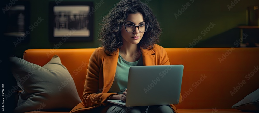 Poster female freelancer working on a comfortable sofa typing on her laptop and making eye contact with the