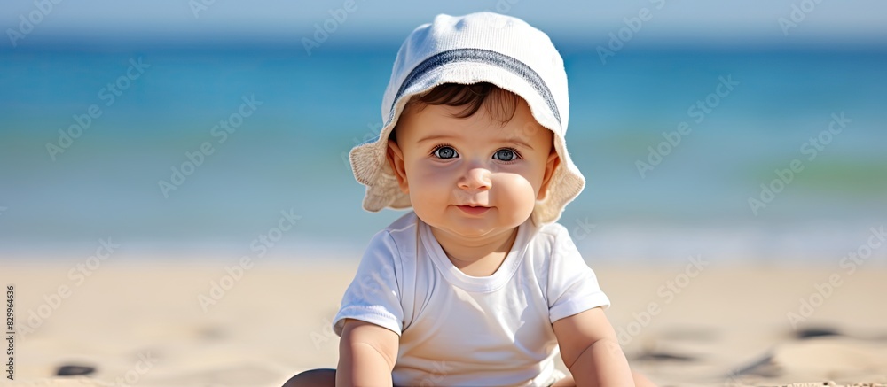 Aufkleber A picture of a Caucasian baby sitting on a sandy beach with empty space for text or other images. with copy space image. Place for adding text or design