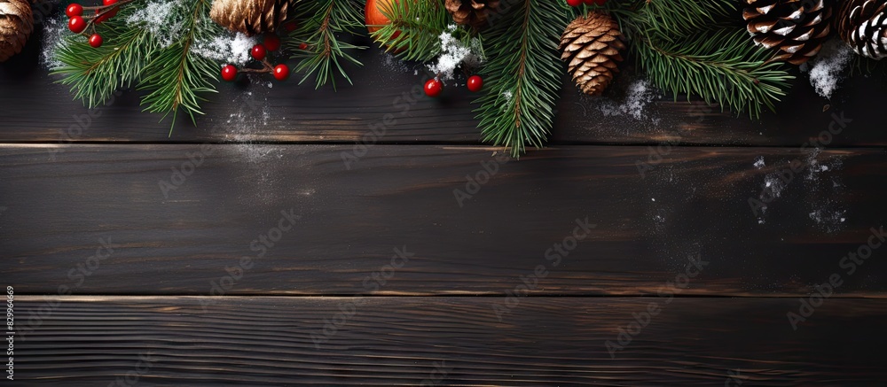 Poster A festive Christmas themed image with a dark wooden background featuring fir tree branches snow cones and xmas decorations It also provides ample space for adding text