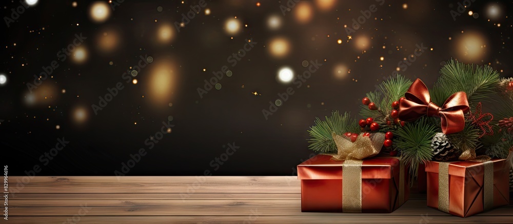 Poster christmas celebration with a festive arrangement of gift boxes and fir branches on a wooden table pr