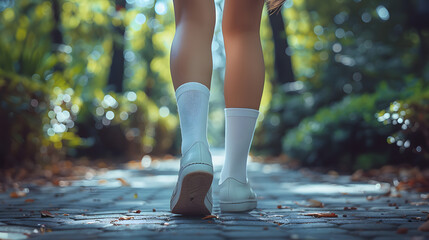 Cropped photo of girl legs wear school short skirt white knee high socks shoes walking college outside urban city park isolated on white background, text area, png
