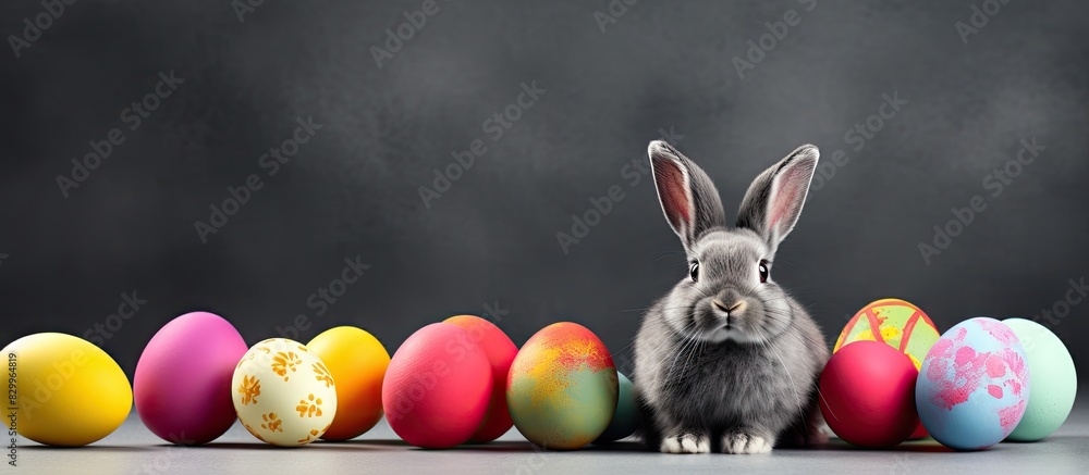 Poster a charming easter bunny and colorful painted eggs placed on a stylish grey background with plenty of