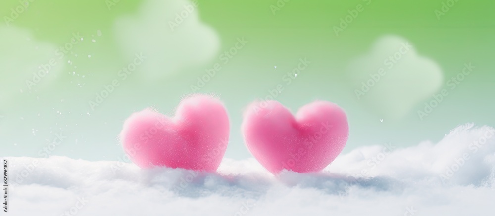 Poster a banner featuring two green velvet hearts rests within a pink snowdrift leaving ample room for a co