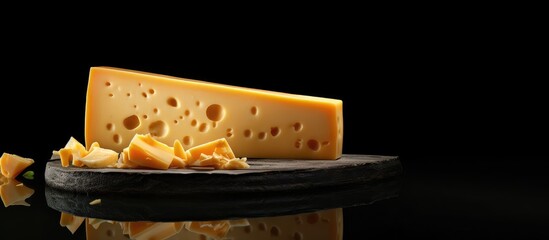 A delicious slice of cheese placed on a dark backdrop creating a visually appealing copy space image
