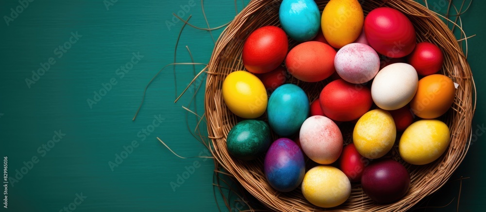Poster close up top view of a wicker basket filled with vibrant easter eggs placed against a colorful backd