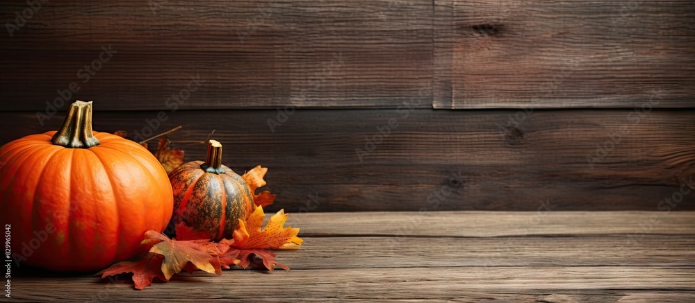 Poster an old wooden table adorned with a pumpkin and autumn leaves providing a perfect copy space image