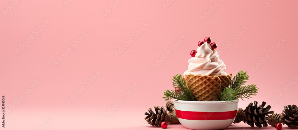 Poster a festive new year s or christmas card featuring a waffle cup of ice cream adorned with sprigs of sp