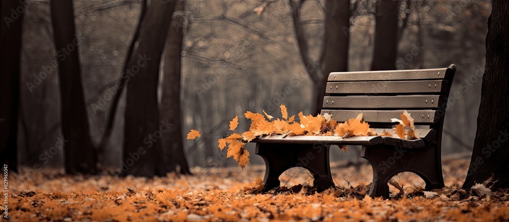 Aufkleber a wooden bench covered with dead leaves providing an empty space for a copy space image