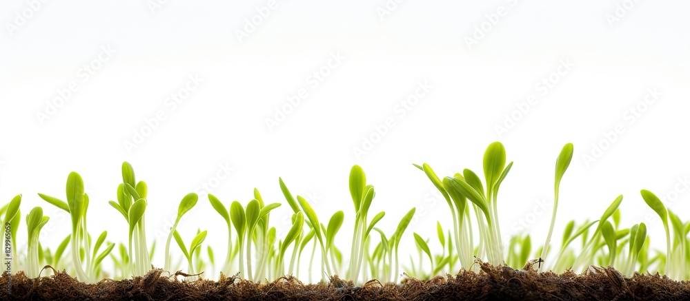 Poster Close up of young spring sprouts against a white background creating a copy space image