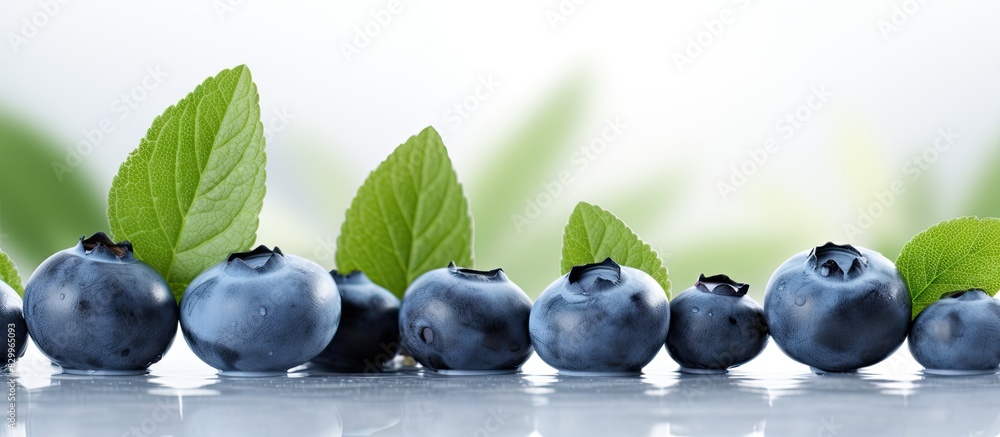 Poster Closeup of fresh blueberries and melissa leaves standing alone on a white background in a clear and focused image with plenty of space for adding text or graphics. with copy space image