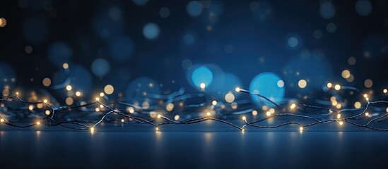 A festive decorative garland of Christmas lights illuminates a dark blue background providing ample copy space for creativity