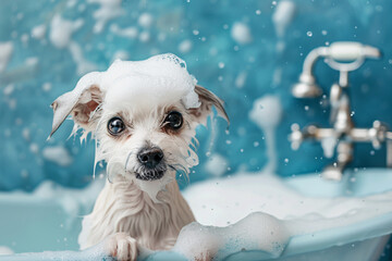 little dog sitting in bathtub with foam