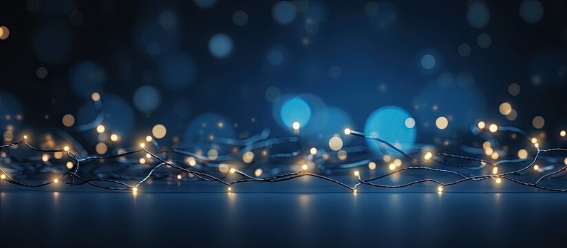 A festive decorative garland of Christmas lights illuminates a dark blue background providing ample copy space for creativity