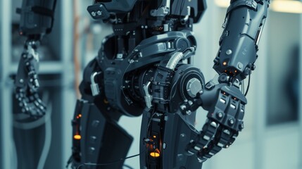 Fototapeta premium A state-of-the-art robotic exoskeleton assisting with mobility and rehabilitation, highlighting the advanced precision and functionality of robotics in enhancing human capabilities, 