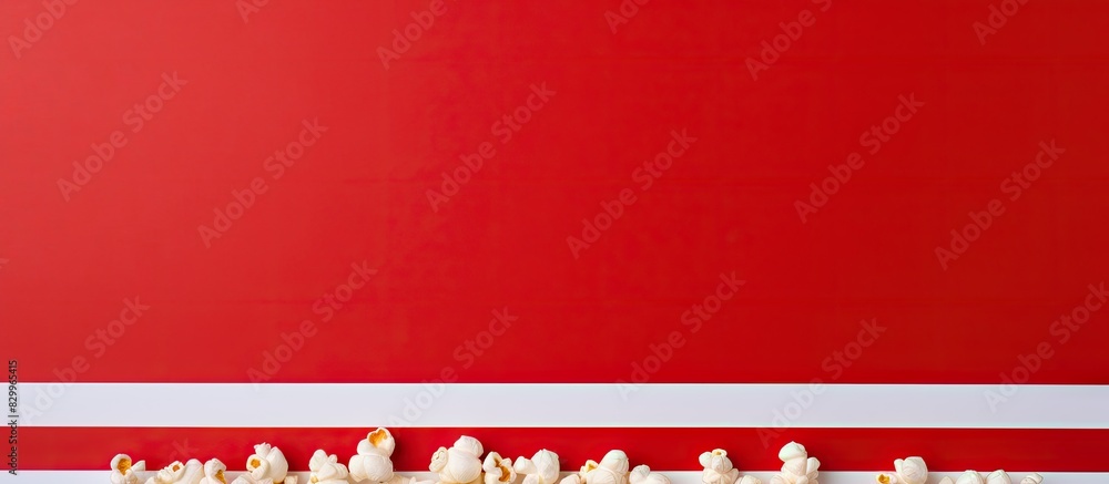 Poster A flat lay composition featuring a border of popcorn and a copy space image set against a background of red and white stripes