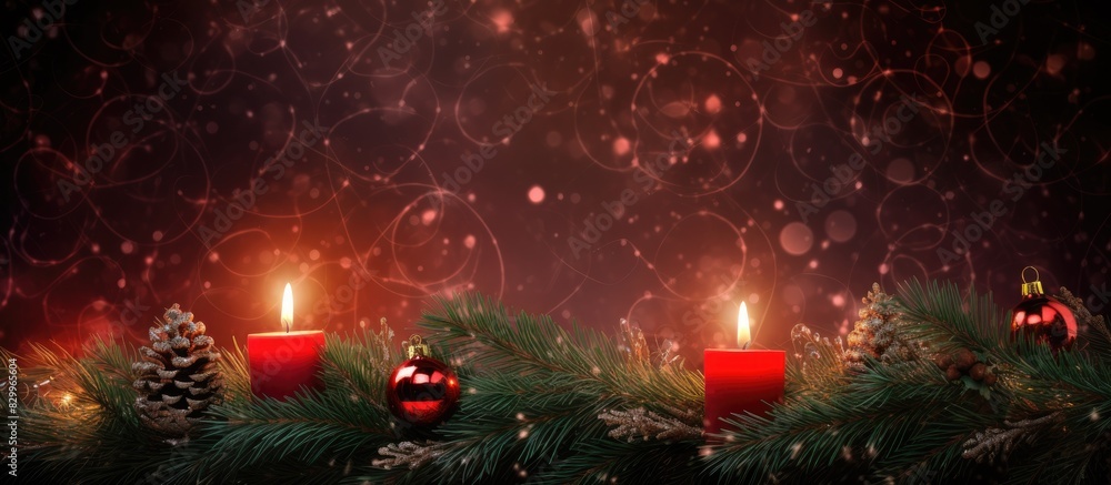 Poster a festive background for christmas and new year with a fir branch adorned with tinsel red candles an