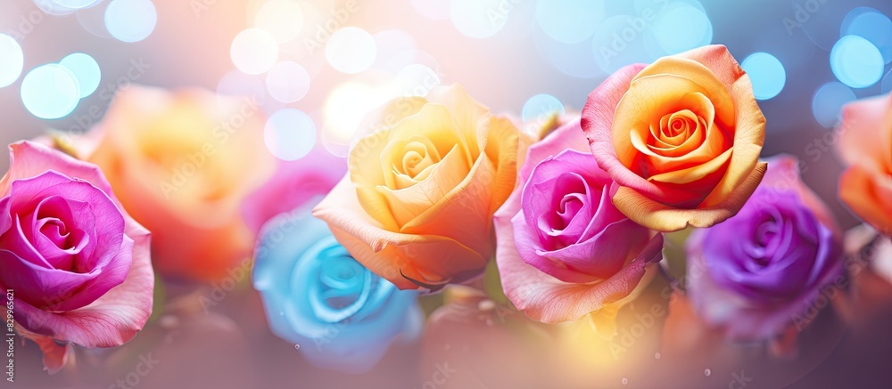 Poster colorful bokeh creates a blurred background complemented by roses in the copy space image