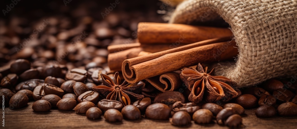 Poster Closeup of coffee beans and cinnamon sticks with copy space image