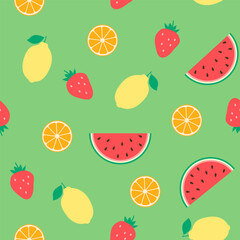 Seamless vector pattern of lemons with leaves and watermelon slices, bright strawberries and orange slices. Summer background, for fabrics, wrapping paper, coatings.