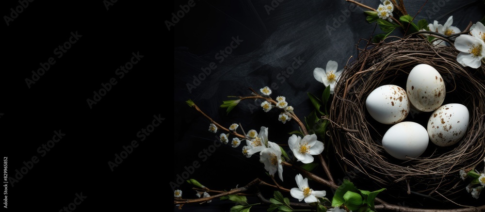 Aufkleber A copy space image of a black background with a nest made from branches adorned with white eggs setting the Easter ambiance