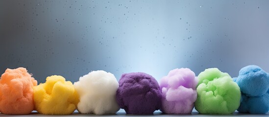 Multi colored bath puffs or sponges with a soft texture create a visually appealing image in the bathroom Ample copy space is available - Powered by Adobe