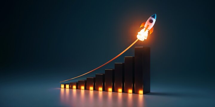 3D Rocket Rising to Success: Rocket Launch from a Black Bar Chart With Orange Lights on a Dark Blue Background. Copy Space.