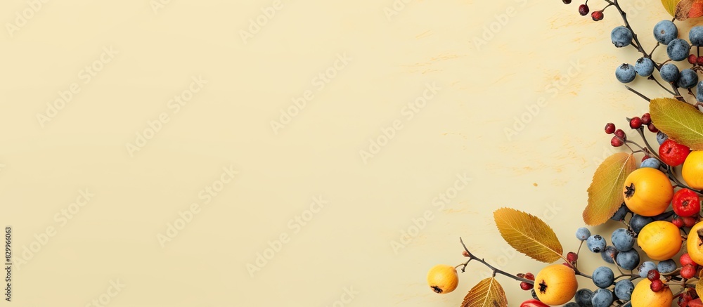 Poster a fall themed postcard featuring rosehips and blue berries set against a yellow backdrop the flat la