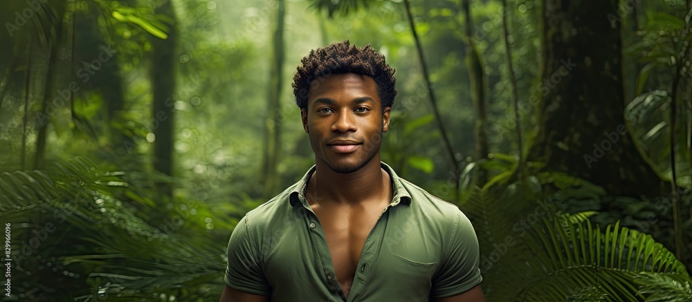 Aufkleber African American man posing in front of a lush green forest creating a visually appealing image with ample copy space