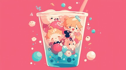 A charming logo design featuring adorable boy characters in a boba drink theme