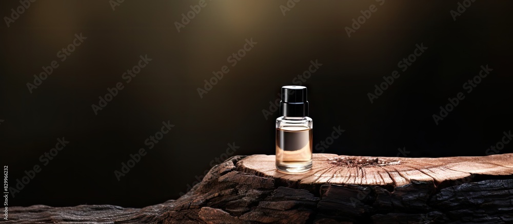 Aufkleber A dropper bottle displayed on a brown background resting on a tree trunk slice with plenty of copy space