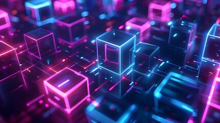 Abstract Neon Cubes and Geometric Patterns in Futuristic Digital Landscape