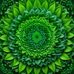symmetrical pattern of green leaves arranged in a mandala-like structure in green hues. concept: eco-friendly branding, symmetry in nature, wellness and meditation backgrounds, sustainability, growth