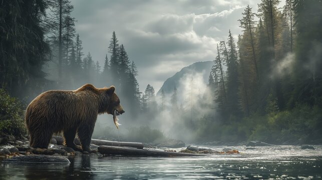 Majestic Grizzly Bear Fishing by a Misty River in a Serene Forest Landscape During Sunrise