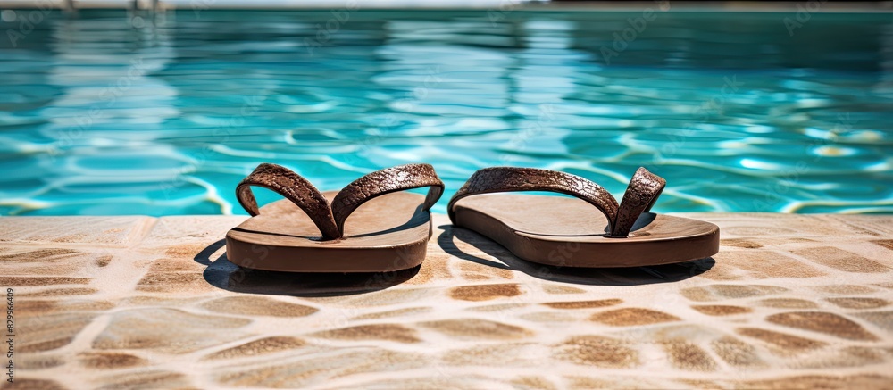 Fototapete A pair of flip flops resting by the pool with plenty of empty space around them for a captivating image. with copy space image. Place for adding text or design