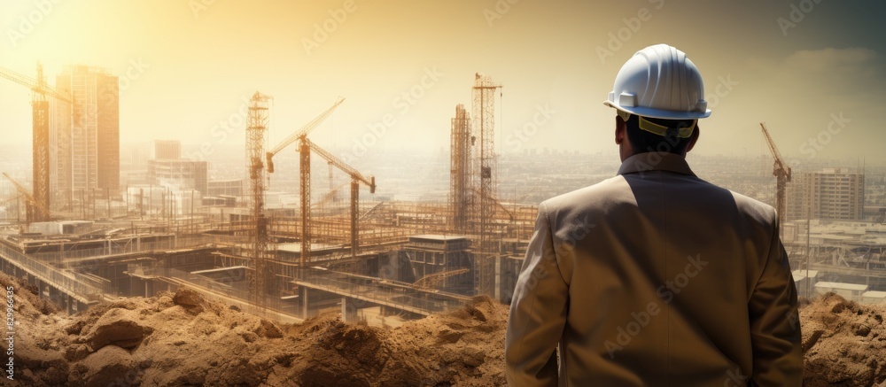 Poster Construction site director observed from the rear with empty space for text or imagery. with copy space image. Place for adding text or design