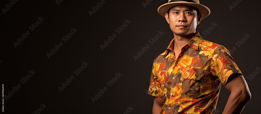 Poster confidently posing an asian man can be seen wearing a batik sarong and cap in an isolated photo with
