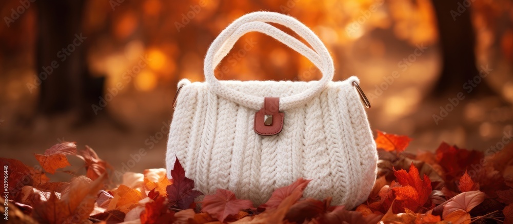 Poster Handmade white knitted bag with a captivating autumn leaves backdrop Ideal for adding a touch of beauty and elegance to any ensemble Copy space image