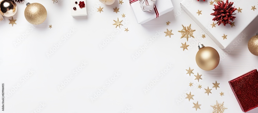 Poster a festive christmas scene with decorations and a gift box set against a white background the winter 