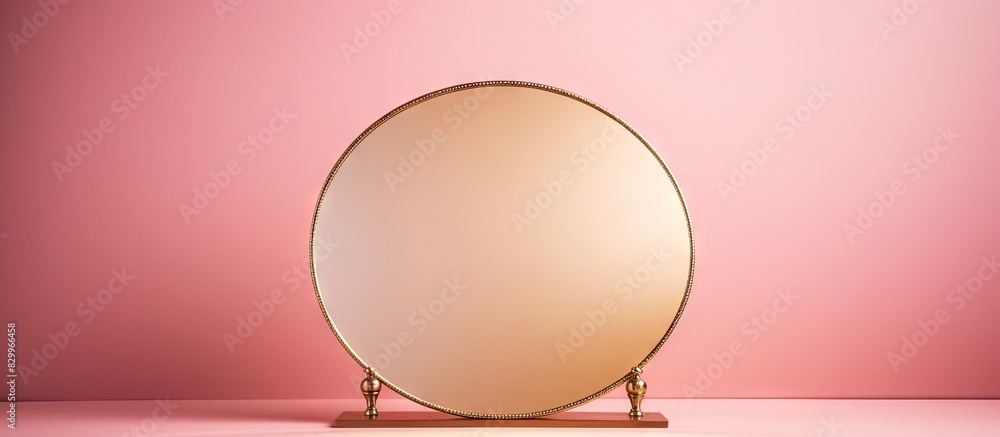 Poster a gold mirror reflects on a pink background creating a vanity table concept this minimal composition