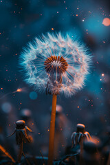 A dandelion dispersing seeds into a luminescent, nebula-infused night sky 