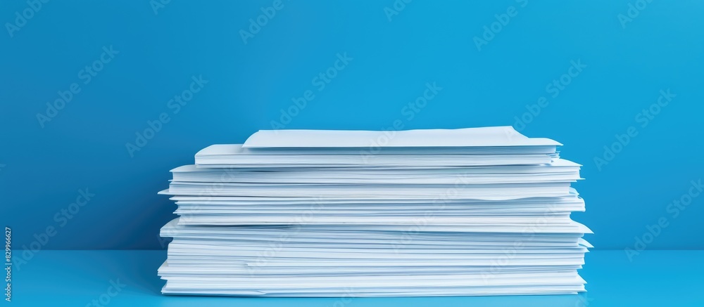 Aufkleber blue background with multiple stacks of paper sheets arranged in a flat lay composition providing am