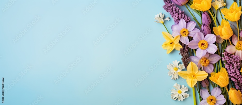 Poster A flat lay of yellow and purple flowers on a pastel blue background creates a charming spring and Easter themed composition with a top down view and plenty of copy space for customization