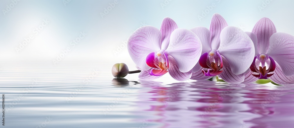Poster Bright background with a stunning blooming orchid creating a serene still life image for spa treatment. with copy space image. Place for adding text or design