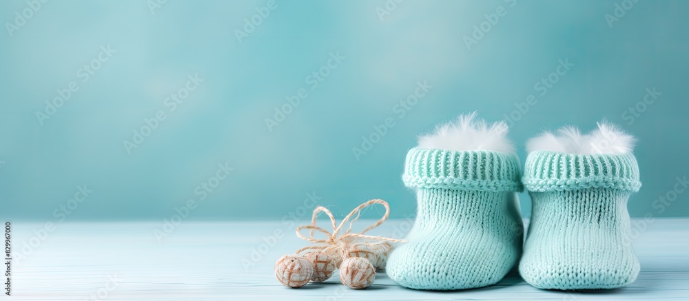 Poster Copy space image of aquamarine background with knitted booties for newborn announcement concept accompanied by blank paper for text