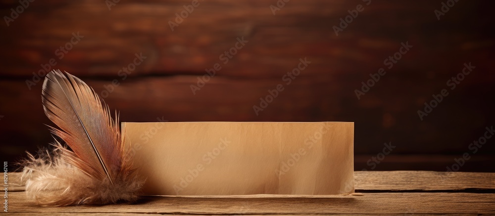 Poster Feather on brown wood with old paper in the background creating a copy space image