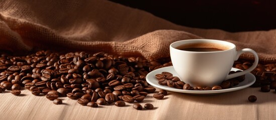 On the table there is a copy space image of a coffee cup accompanied by a pile of coffee beans